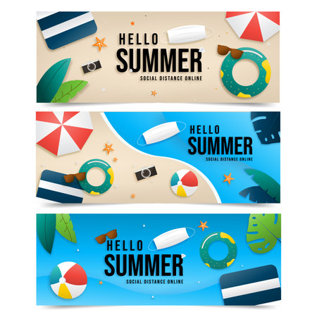 Summer sale vector banner set online social distance design with text hello summer in colorful background for marketing promotion. Vector illustration template.のイラスト素材