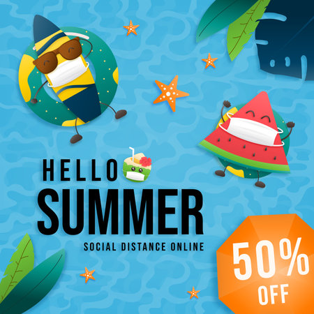 Pool summer sale online design top view with watermelon and surfboard on the swim ring in the background of the pool.  Vector illustration template. Hello, Summer Holiday backdrop.のイラスト素材