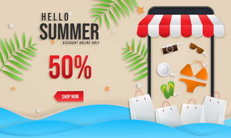 Banner shopping online with phone Mobile Application Marketing Digital marketing. paper art mobile shopping summer day sale. Vector illustration summer beach season.のイラスト素材