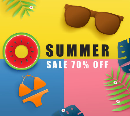 Shopping online vector banner graphic digital marketing. fresh bright banner paper art shopping summer day sale. Happy colorful concept for Summer Season.のイラスト素材
