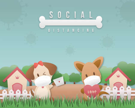 Dogs wear masks to protect viruses and social distancing. Background concept new normal and Valentine's day, birthday theme. vector illustration. cute animals wear masks. Paper cut and craft style.のイラスト素材