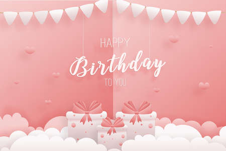 Decorated birthday card beautiful three gift box in the could paper style, paper cut, and paper craft. gift box hanging on the wall decorated with clouds.のイラスト素材