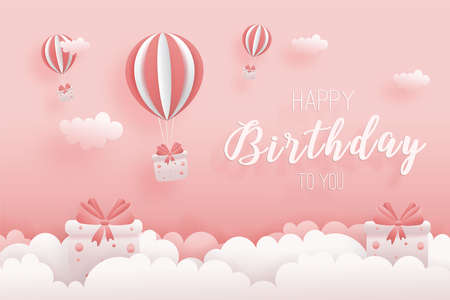 Decorated birthday card delivery with hot air balloon beautiful gift box in paper style with clouds. Sweet pink background. Vector illustration with lace.のイラスト素材