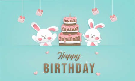 Happy birthday card design color pastel background wallpaper paper art style with two bunny, gift box and cake Strawberry vector illustration.のイラスト素材