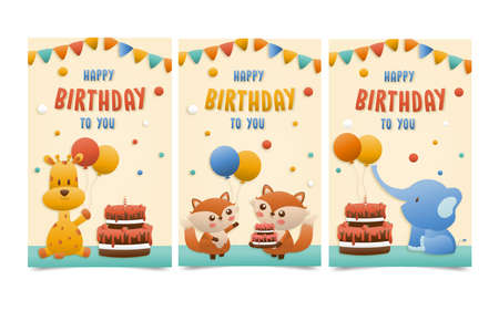 Invitation birthday greeting card with a cute animal.  jungle animals celebrate children's birthday and template invitation paper art style vector illustration.のイラスト素材