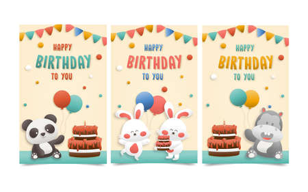 Invitation birthday greeting card with a cute animal.  jungle animals celebrate children's birthday and template invitation paper art style vector illustration.のイラスト素材