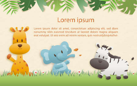 Cartoon happy birthday animals card. Greeting cards with cute safari or jungle animals giraffe, elephant, zebra party in the tropical forest. Template invitation paper art style vector illustration.のイラスト素材