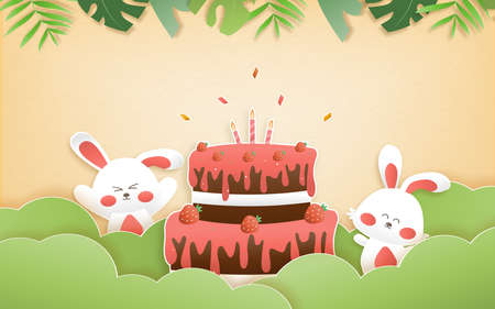 Invitation birthday greeting card with a cute rabbit. jungle animals celebrate children's birthday and template invitation paper art style vector illustration.&#x9;のイラスト素材