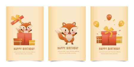 Invitation birthday greeting card with a cute animal and gift box. jungle animals celebrate children's birthday and template invitation papercraft style vector illustration.のイラスト素材