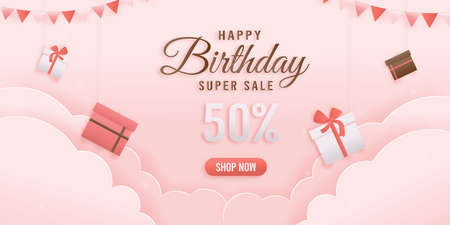 Discount shop online, Birthday sale banners with giftbox paper cut and papercraft style. Celebration Happy birthday sale voucher template.&#x9;&#xD;&#xA;のイラスト素材