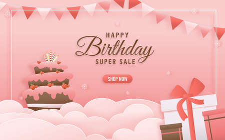 Online shop banners discount pink color Birthday Theme. Celebration voucher Happy birthday. decorating with gift box, cake on cloud paper cut, and papercraft style vector illustrator.のイラスト素材