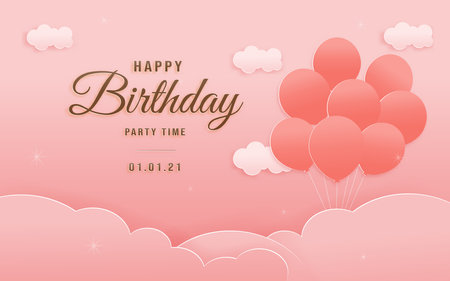 Decorated birthday card beautiful balloon on could paper style, paper cut, and papercraft. Online shop banners discount pink color Birthday Theme. Vector illustration.&#x9;&#xD;&#xA;のイラスト素材