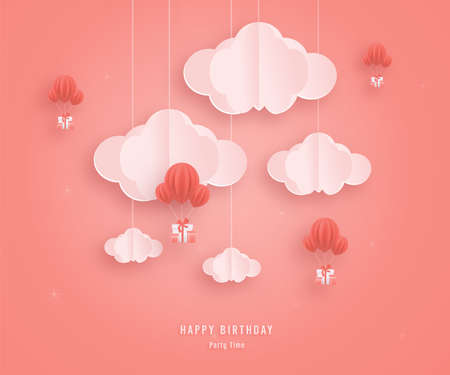Happy birthday paper cut style greeting card with gift box birthday, a decorated balloon with clouds. Sweet blue background. There is a space for the text. Vector illustration with lace.のイラスト素材