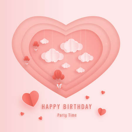 Decorated birthday card beautiful three balloon in the could paper style, paper cut, and papercraft. gift box hanging on the wall decorated with clouds and cake. Sweet pink background.のイラスト素材