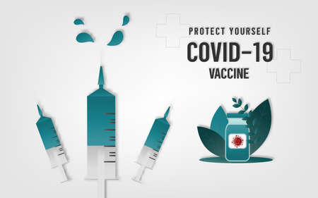 Creative design banner for Coronavirus vaccine background. Covid-19 coronavirus vaccination with vaccine bottle and syringe injection tool for covid19 immunization treatment. Vector illustration.のイラスト素材