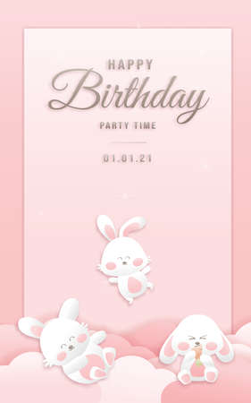 Decorated birthday card beautiful bunny on could paper style, paper cut, and papercraft. Online shop banners discount pink color Birthday Theme. Vector illustration.&#x9;のイラスト素材