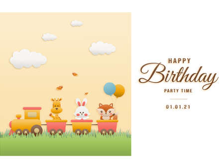 Cute giraffe, rabbit, fox on train birthday greeting card. jungle animals celebrate children's birthday and template invitation paper and papercraft style vector illustration.Theme happy birthday.のイラスト素材
