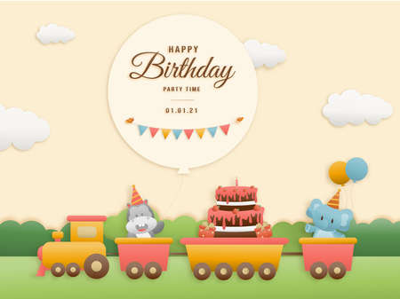 Cute hippo, cake and elephant on train birthday greeting card. jungle animals celebrate children's birthday and template invitation paper and papercraft style vector illustration.Theme happy birthday.のイラスト素材