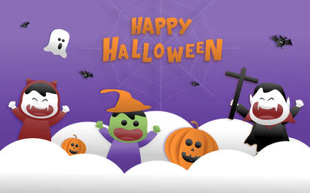 Happy Halloween greeting banner or party invitation with night clouds, pumpkins, bats, and cute ghosts, vampire on a violet background. Paper cut and papercraft style.Vector illustration.のイラスト素材