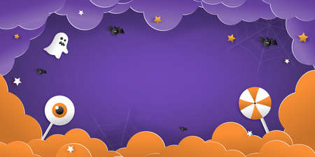Happy Halloween greeting banner or party invitation with night clouds, pumpkins, bats, and cute ghosts, vampires on a violet background. Paper cut and papercraft style.Vector illustration.のイラスト素材