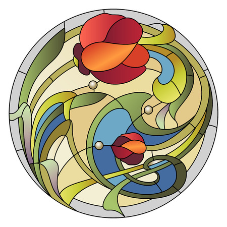 Stained-glass pattern for a ceiling light with a red flowerのイラスト素材