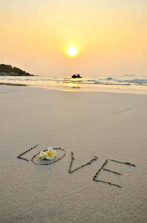 handwritten wording love in sand on the beach and flower in sunsetの写真素材