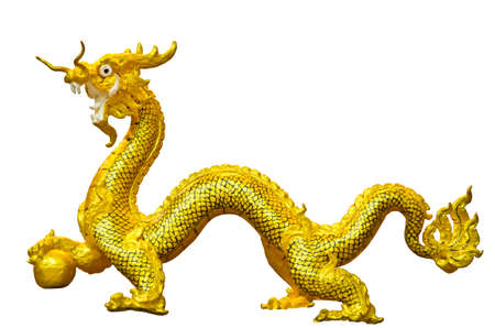 Chinese Golden Dragon statue marble pedal. Isolated on white background, clipping pathの写真素材