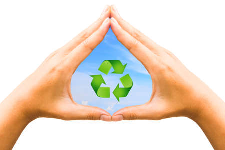 Hand and recycle sign with blue sky on white backgroundの写真素材