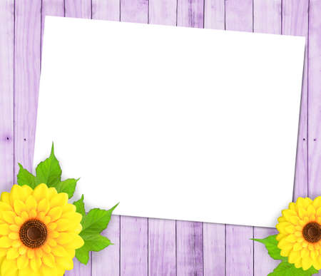 Sunflowers and paper frame on wood backgroundの写真素材