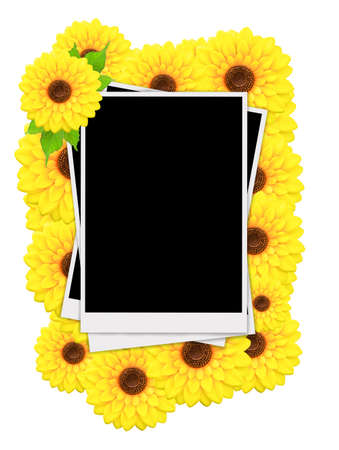 Empty instant photos and sunflowers on white backgroundの写真素材