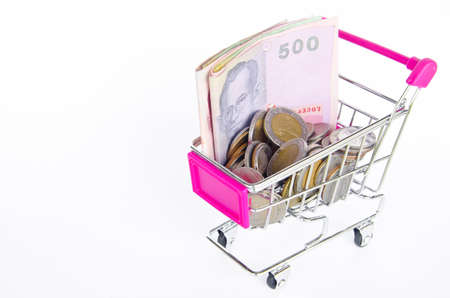 Shopping cart and money Thai bath  on the white background