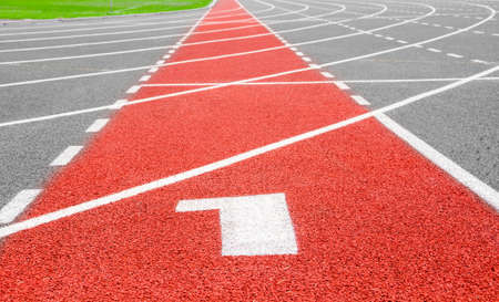 Start track. Lanes 1 number one on red racing track.の写真素材