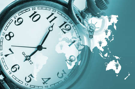 vintage clock on business world background. abstract world technology concept.の写真素材