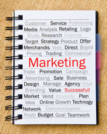 Marketing concept, wording in notepad on sackbackground.の写真素材