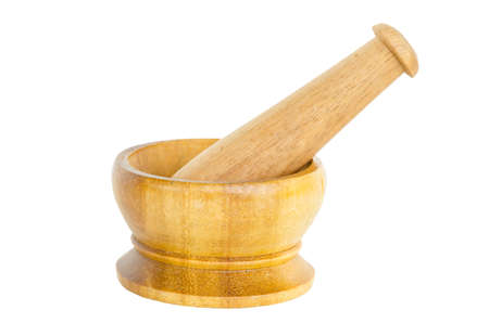 Wooden mortar and pestle isoleated on white background. Save clipping path,の写真素材