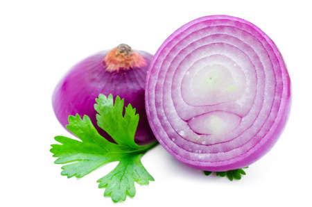Red sliced onion with green leaf isolated on white backgroundの写真素材