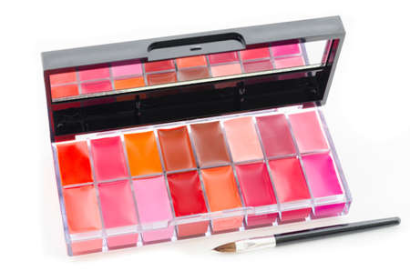 Lipstick and lipgloss makeup palette isolated on white background.の写真素材