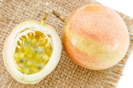 Passion fruit on sack background.