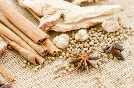 Herbs and spices selection. Aromatic ingredients and natural food additives. On sack background.の写真素材