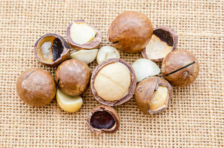 Macadamia nut on sack background.
