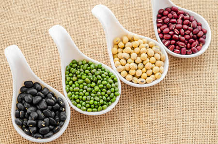 Mix of seeds beans, green bean, azuki or red bean, soy bean and black bean on in white spoon on sack background.の写真素材