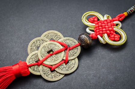 chinese coins of luck on black background.の写真素材