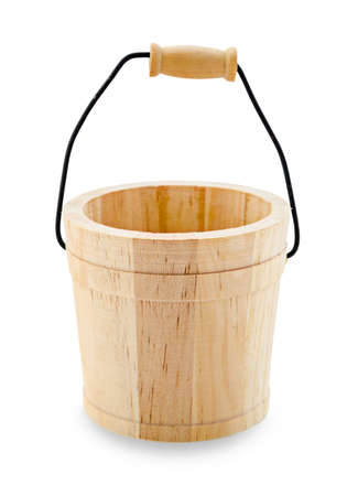 Small wooden bucket with reflection isolated on white backgroundの写真素材