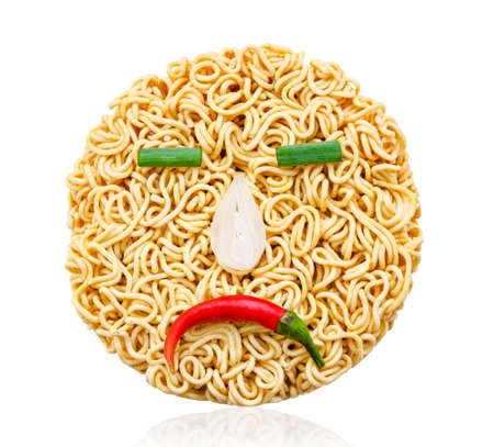 instant noodles and vegetable with sadly emotion isolated on white background, Saved clipping path.の写真素材