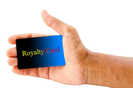 hand holding royalty card isolated over white backgroundの写真素材