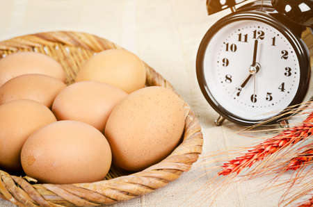 Fresh egg and alarm clock with dry wheat on fabric background.の写真素材