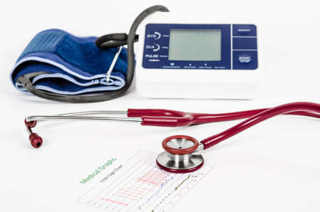 Vitals sign chart, Medical Graphs and Measuring blood pressure with red stethoscope on white...