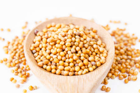 Raw organic mustard seeds in a wooden spoon on white background.の写真素材