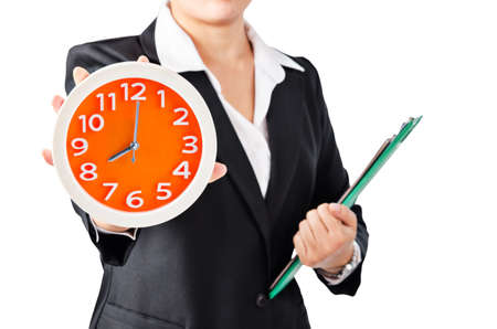 Business wooman showing clock with holding document isolated on white background.の写真素材