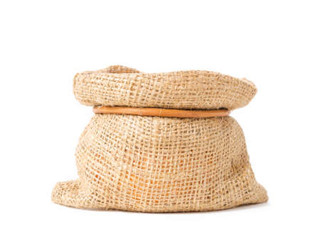 Small burlap bag isolated on white on white background.の写真素材
